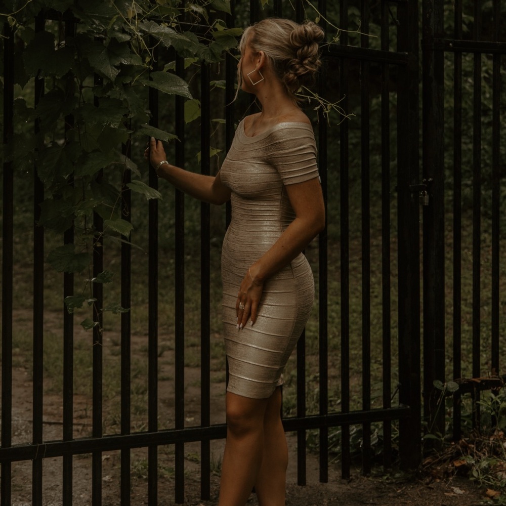 Herve Leger Gold Off-Shoulder Bandage Dress